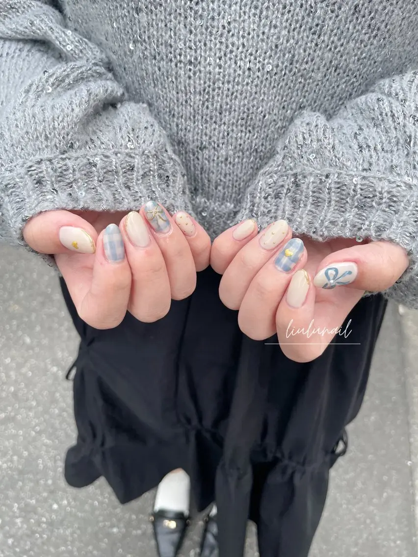 ネイル アートネイル ブルー 持ち込み ハンドネイル liulu nailのネイルデザイン