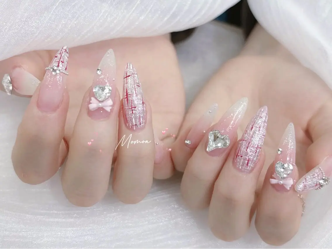ネイル 成人式 大理石ネイル(マーブル) リボン 夏ネイル ネイルチップ ハンドネイル MoMoA Nail ネイル長さ出し専門店のネイルデザイン