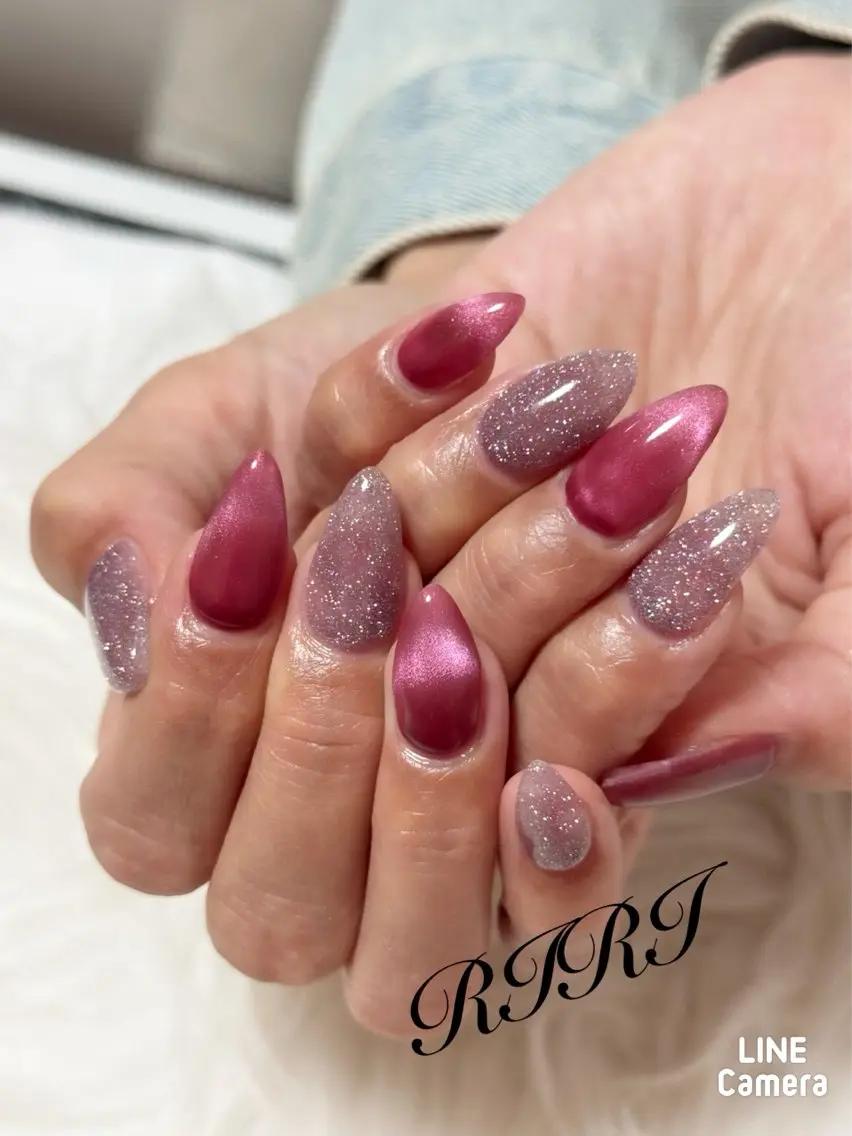 ネイル フラッシュネイル ジェルネイル キラキラネイル マグネットネイル ピンク ハンドネイル riri オーナーのネイルデザイン