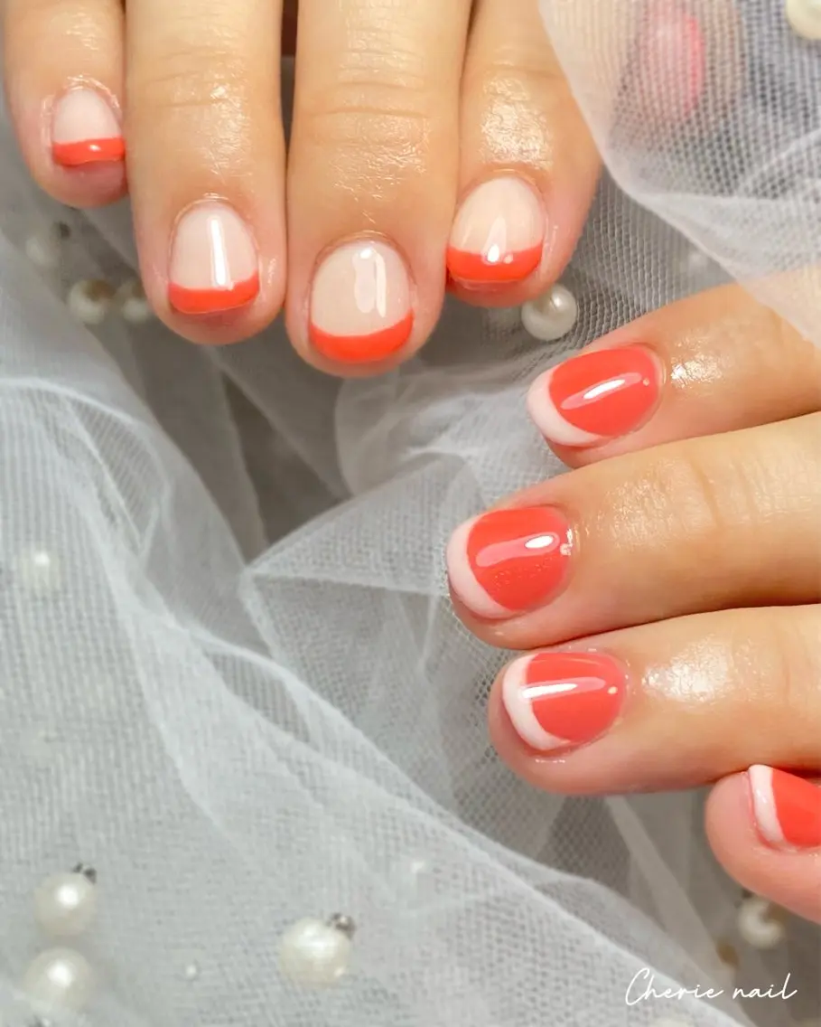 ネイル フレンチネイル ジェルネイル オレンジ ハンドネイル Cherienail yunaのネイルデザイン