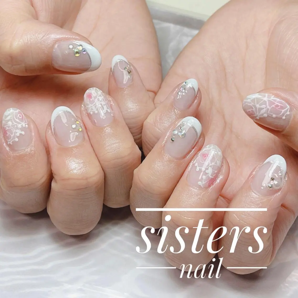 ネイル アートネイル フラワーネイル フレンチネイル レース ニュアンスネイル sisters nail.fのネイルデザイン