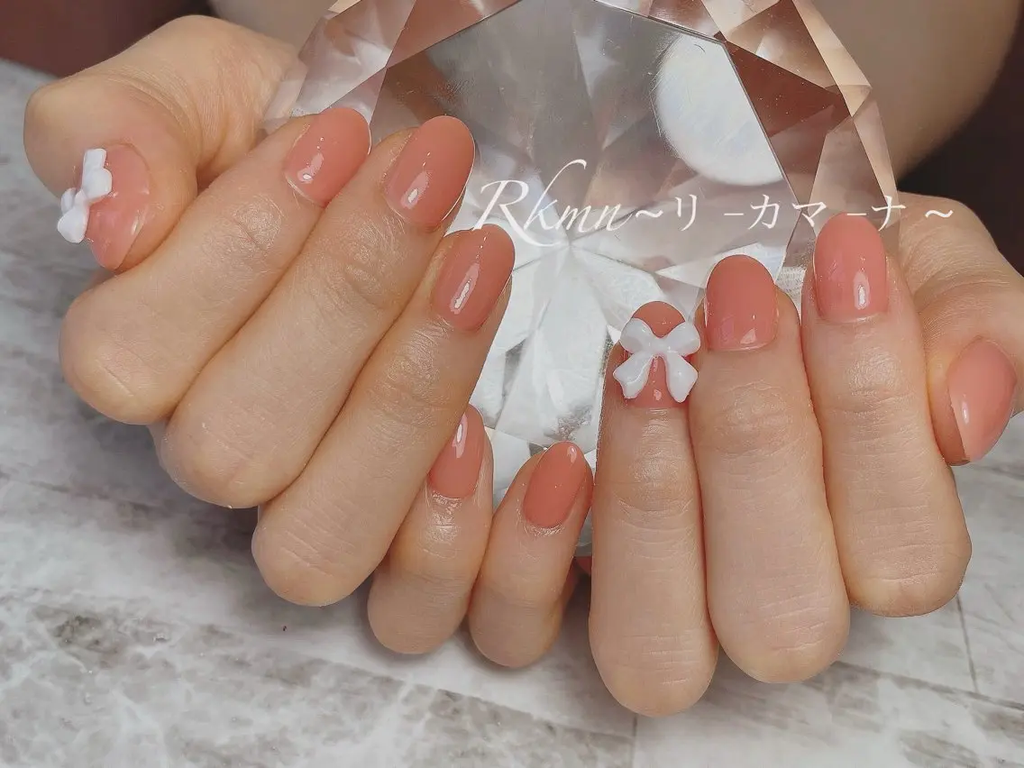 ネイル アートネイル ブラウン オレンジ リボン 春ネイル ハンドネイル フットネイル ハンドケア Rkmn ~リ-カマ-ナ~のネイルデザイン