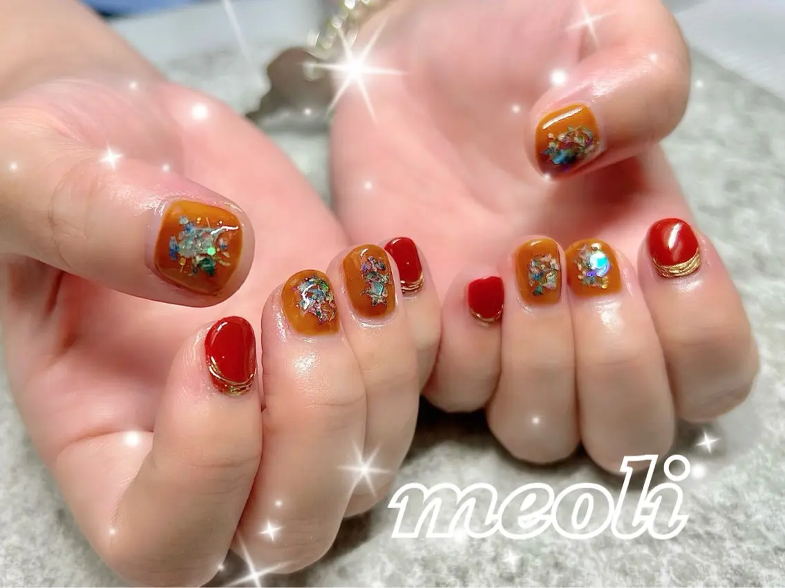 ネイル アートネイル ブラウン 赤色 nail salon meoli　アヤのネイルデザイン