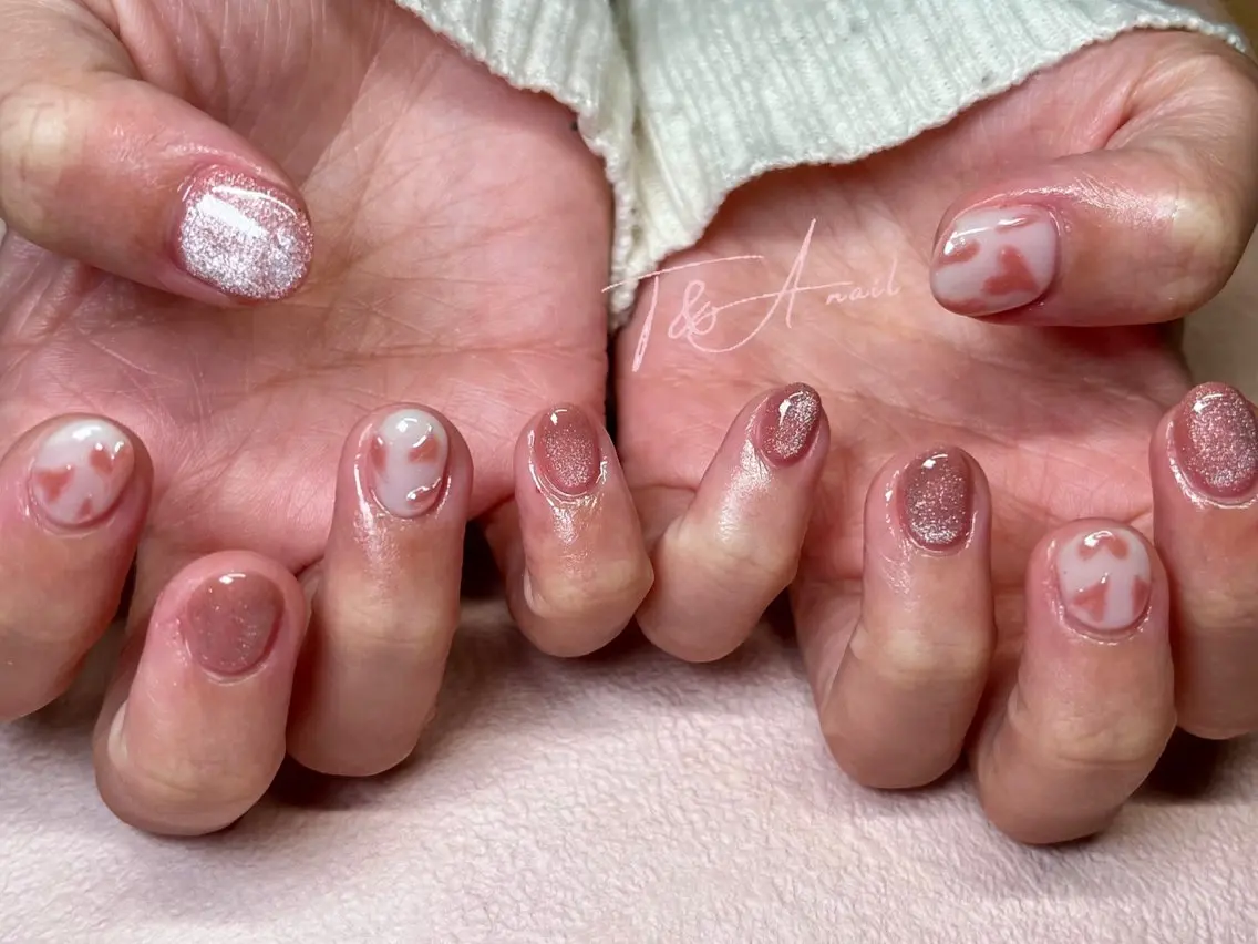 ネイル ジェルネイル ハート マグネットネイル ピンク スカルプネイル T&A nailのネイルデザイン