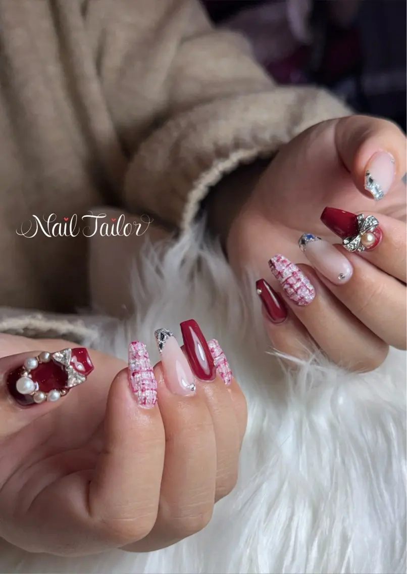 ネイル ボルドー ツイードネイル 冬ネイル クリスマス ハンドネイル NailTailor ネイルテイラーのネイルデザイン