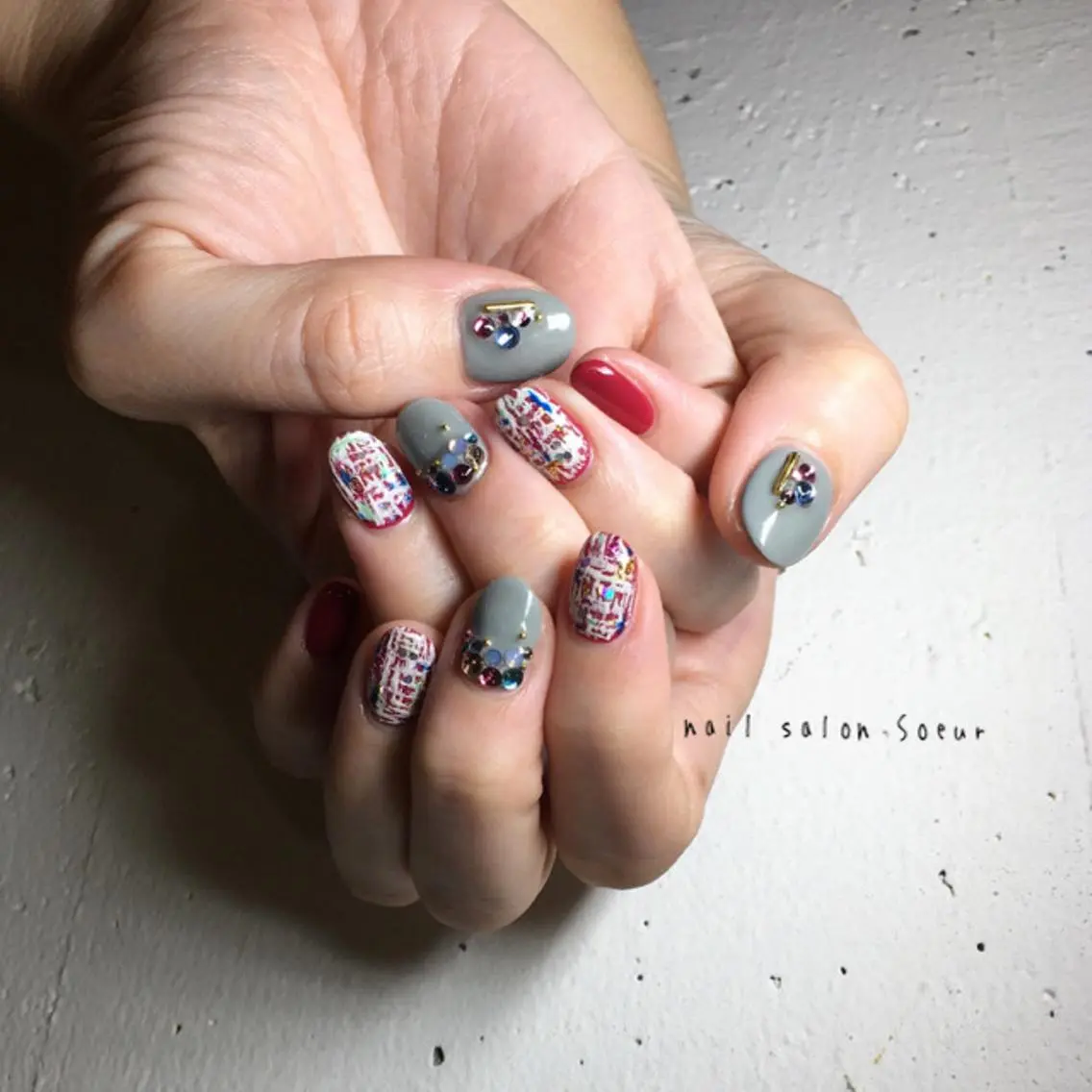 ネイル アートネイル ジェルネイル 持ち込み ツイードネイル ハンドネイル nail salon Soeurのネイルデザイン