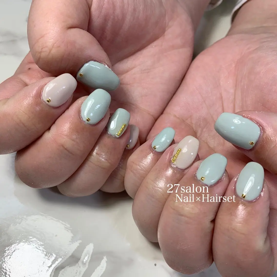 ネイル ブルー 入学式 グリーン 春ネイル 27salon yuinaのネイルデザイン