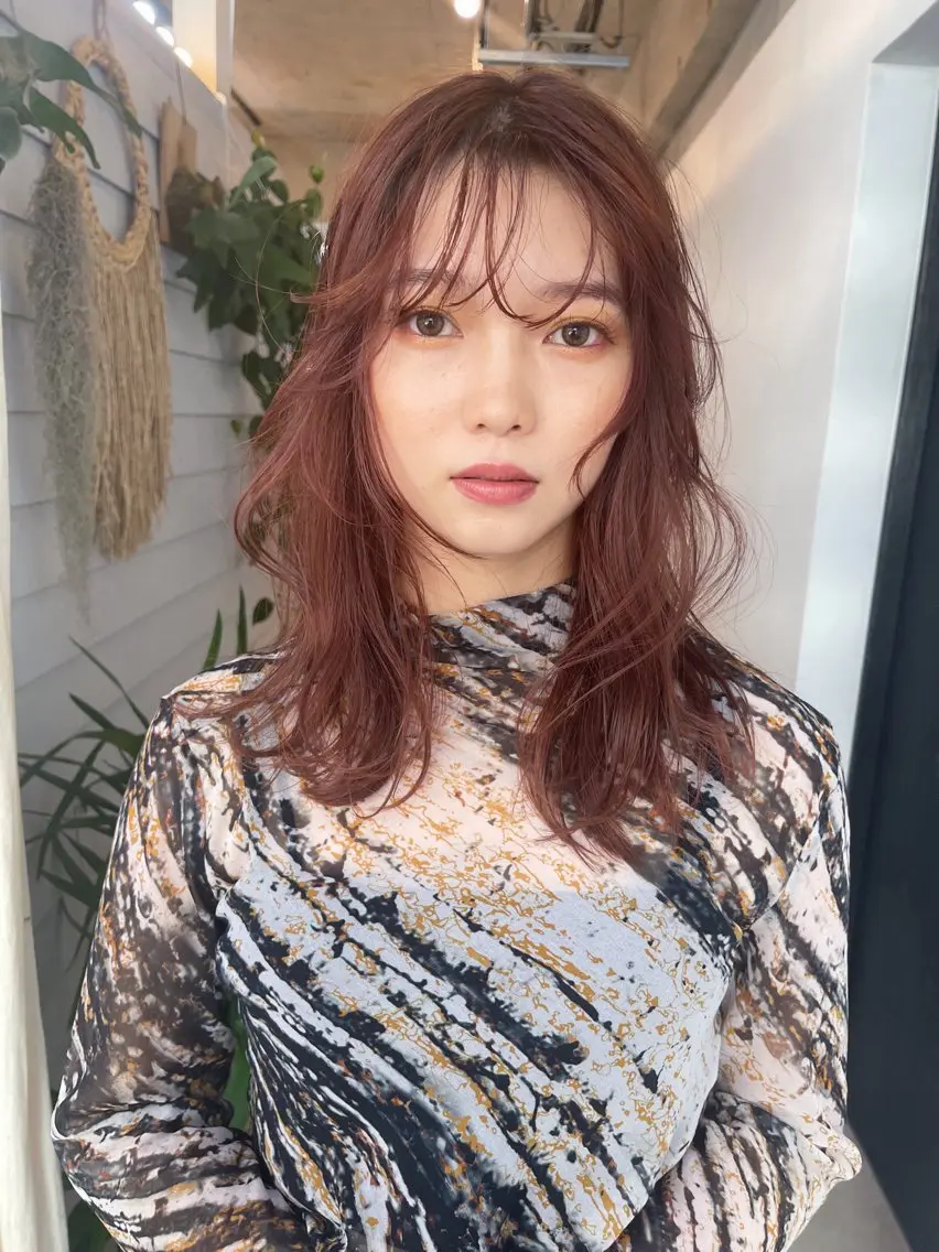 ミディアム カラー ブラウンカラー ダブルカラー オレンジ オレンジブラウン カット ヘアカラー トリートメント AiM 大名　似合わせカットのヘアスタイル
