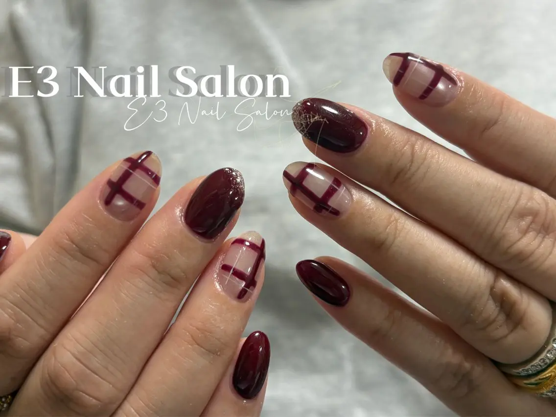 ネイル アニマル柄 オーロラネイル べっ甲ネイル ボルドー ブラウン ハンドネイル E3 Nail Salonのネイルデザイン