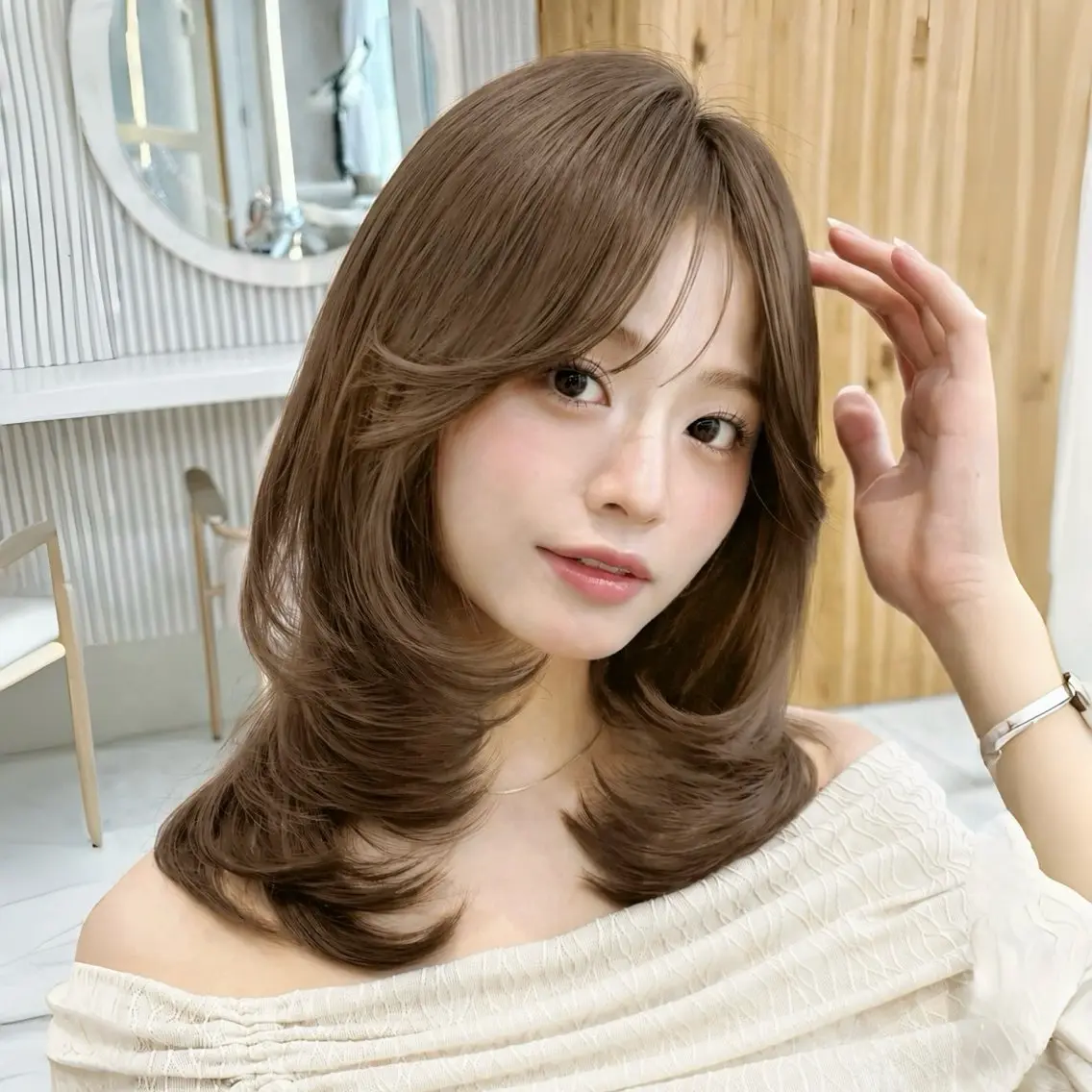 ミディアム カット ヘアカラー トリートメント かなこ/ミディアム レイヤー／ワンカールのヘアスタイル