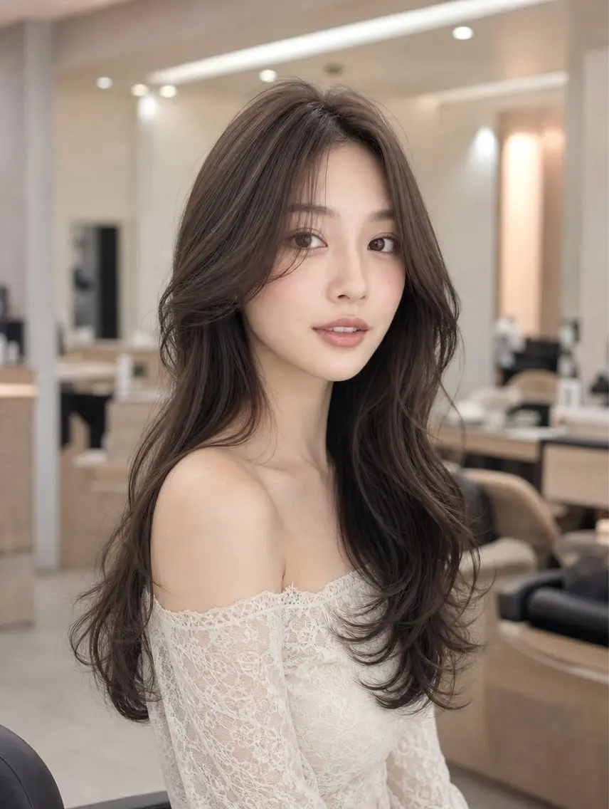 ロング カラー ロングレイヤー ベージュカラー 透明感カラー 顔周りカット 髪質改善 カット ヘアカラー トリートメント 韓国レイヤーカット× 髪質改善ラビマーニのヘアスタイル