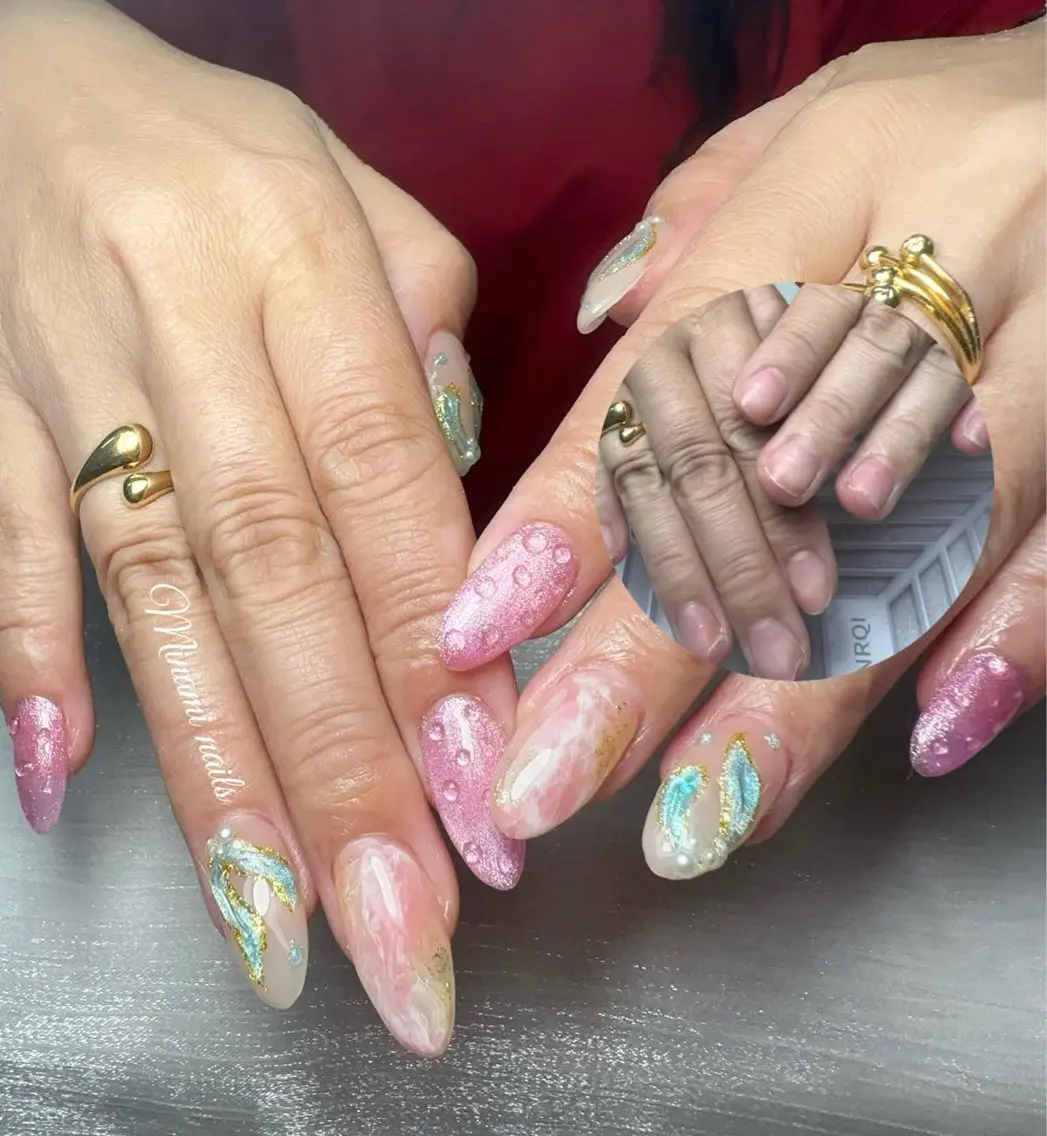 ネイル アートネイル ガーリー 氷ネイル・うるうるネイル キラキラネイル 韓国ネイル ハンドネイル Minami Nailsのネイルデザイン