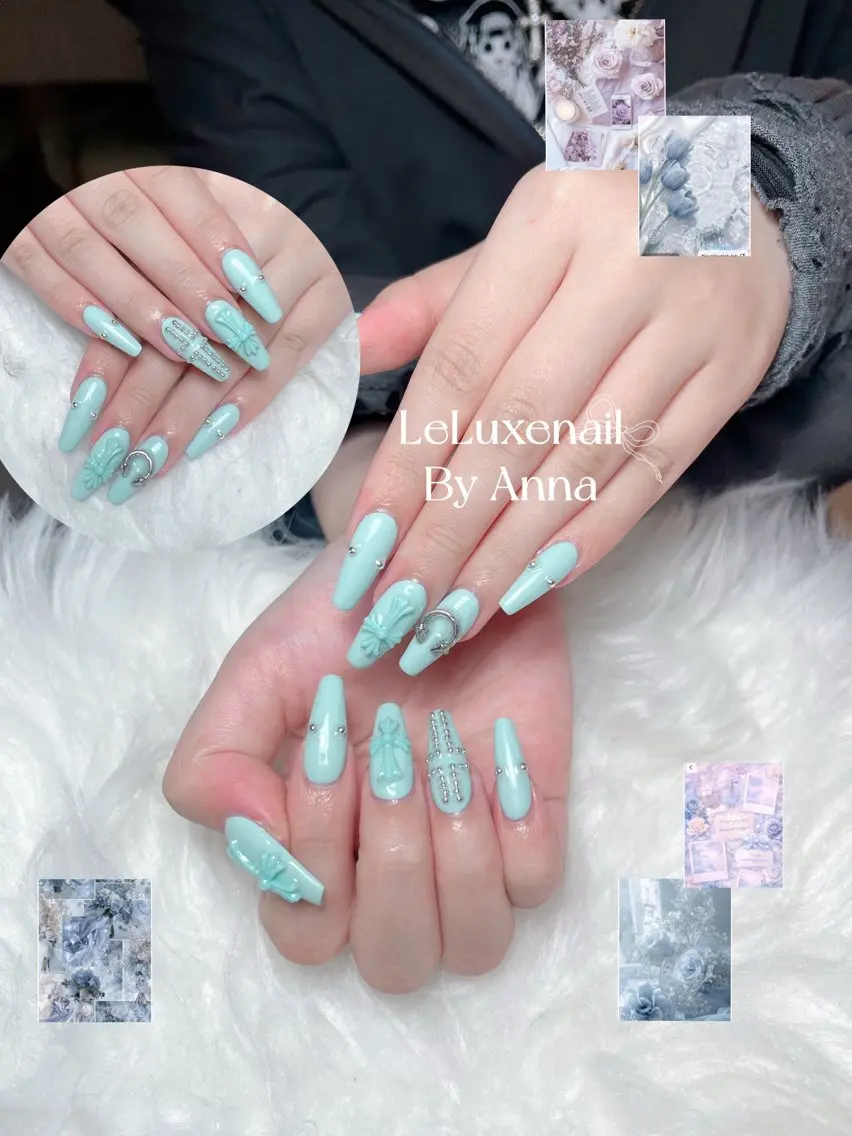 ネイル ブルー 韓国ネイル リボン シルバー ハンドネイル le luxe nailsのネイルデザイン