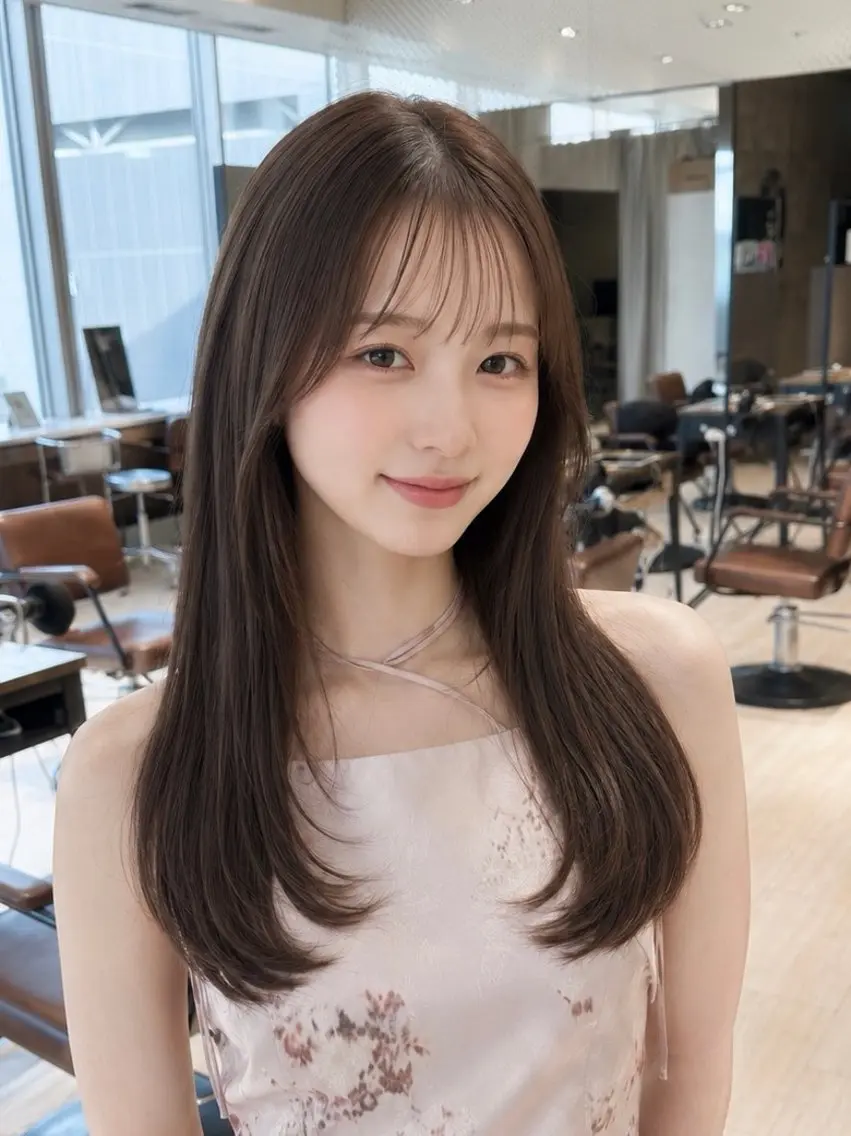 ミディアム ミディアムレイヤー 顔周りカット かきあげバング 韓国風ヘア レイヤーカット カット ヘアカラー 透明感カラー/韓国レ イヤー/宮下知也のヘアスタイル