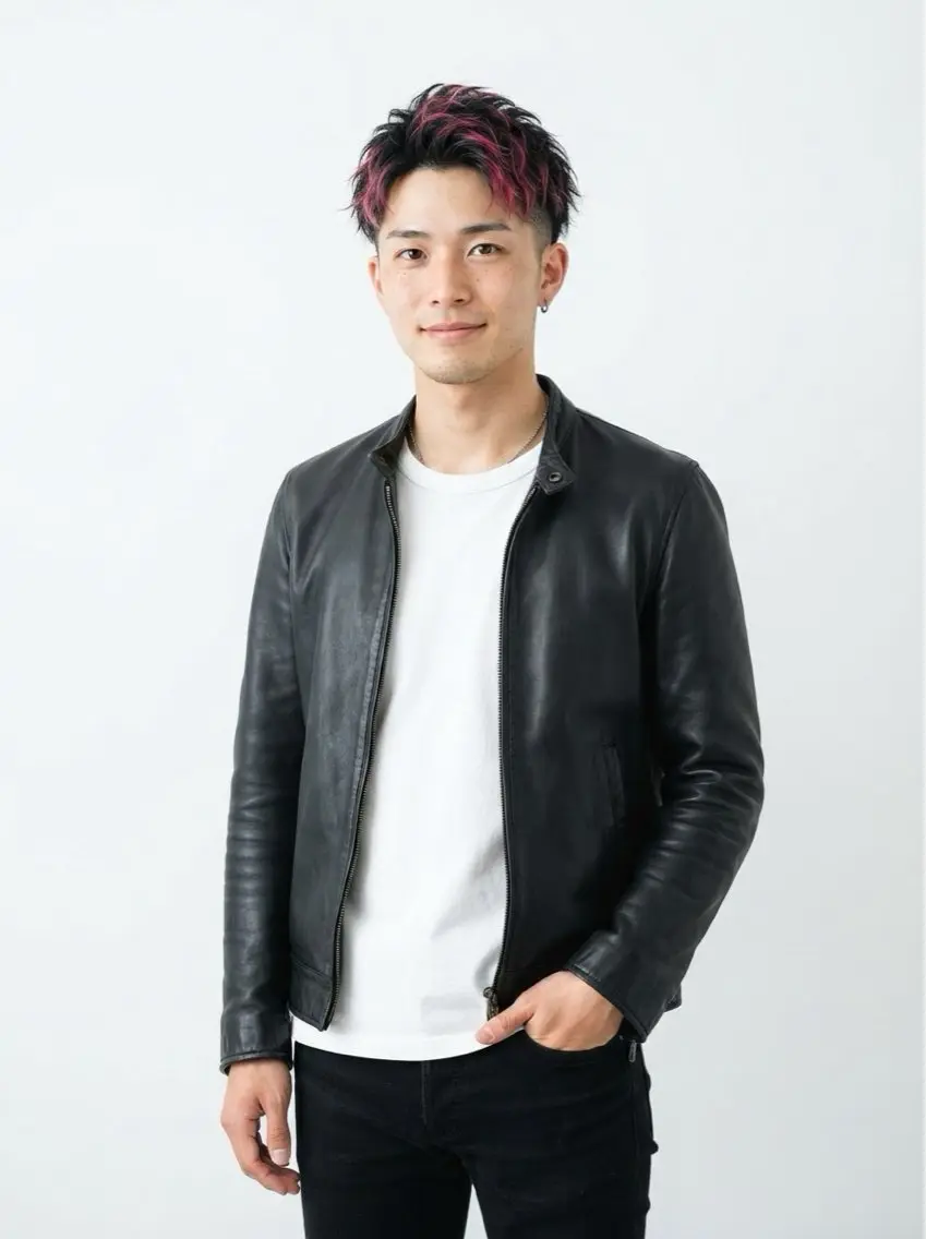 カラー パーマ メンズ アップバング メンズブリーチ メンズハイライト 黒髪 ブリーチ カット ヘアカラー パーマ 心斎橋メンズサロン リベルテグリットのヘアスタイル