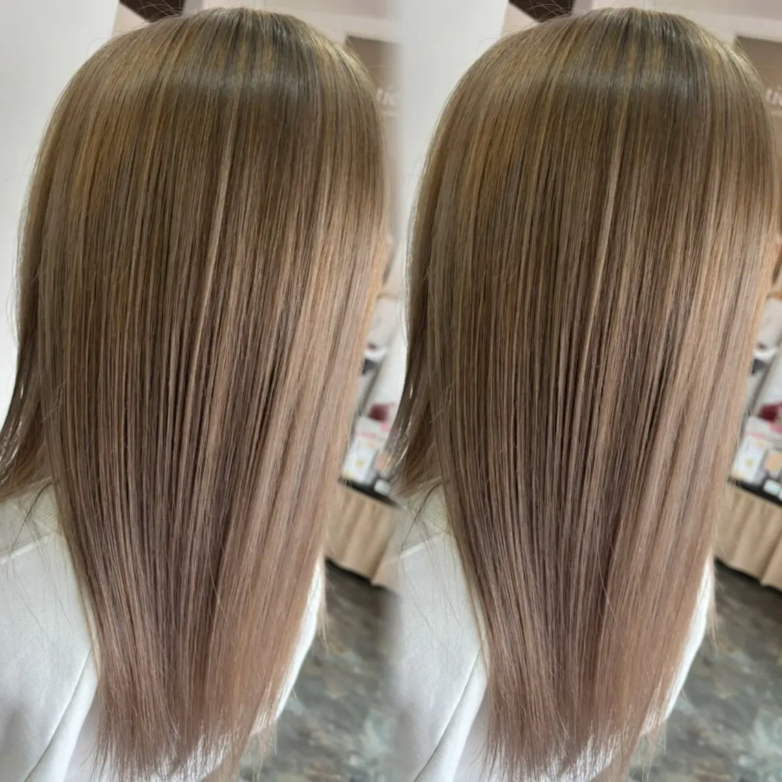 セミロング カラー 透明感カラー グレージュ ミルクティーグレージュ オレンジ ties 三嶽香緒のヘアスタイル
