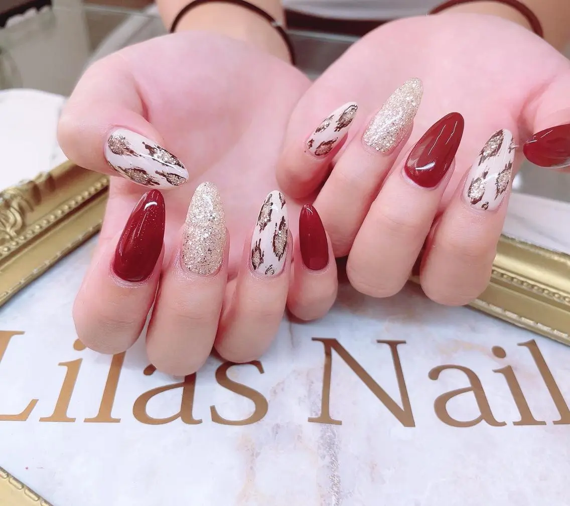 ネイル アニマル柄 ボルドー ブラウン ジェルネイル ハードジェル Lilas Nailのネイルデザイン