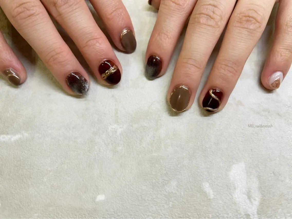 ネイル ブラウン マグネットネイル ハンドネイル nail salon monailのネイルデザイン