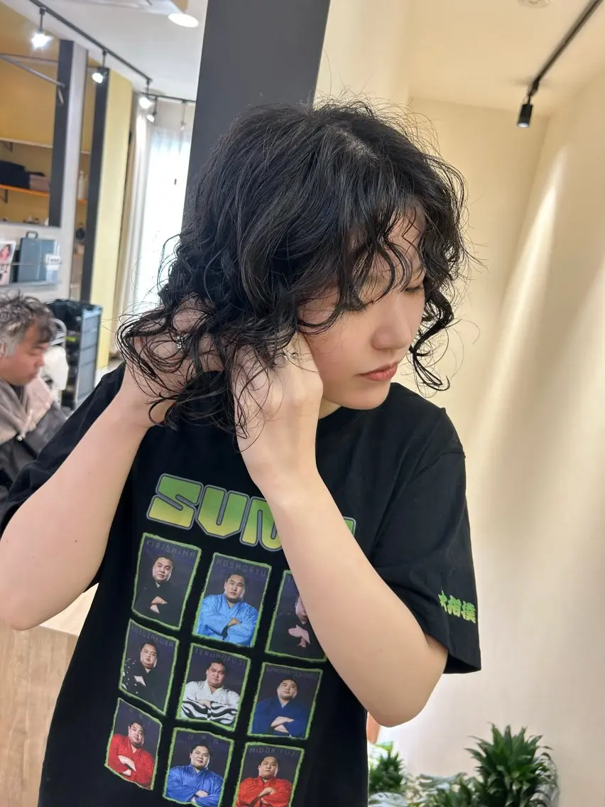 ミディアム カラー ミディアムパーマ ボブ カット パーマ hubhair レイヤー/透明感のヘアスタイル
