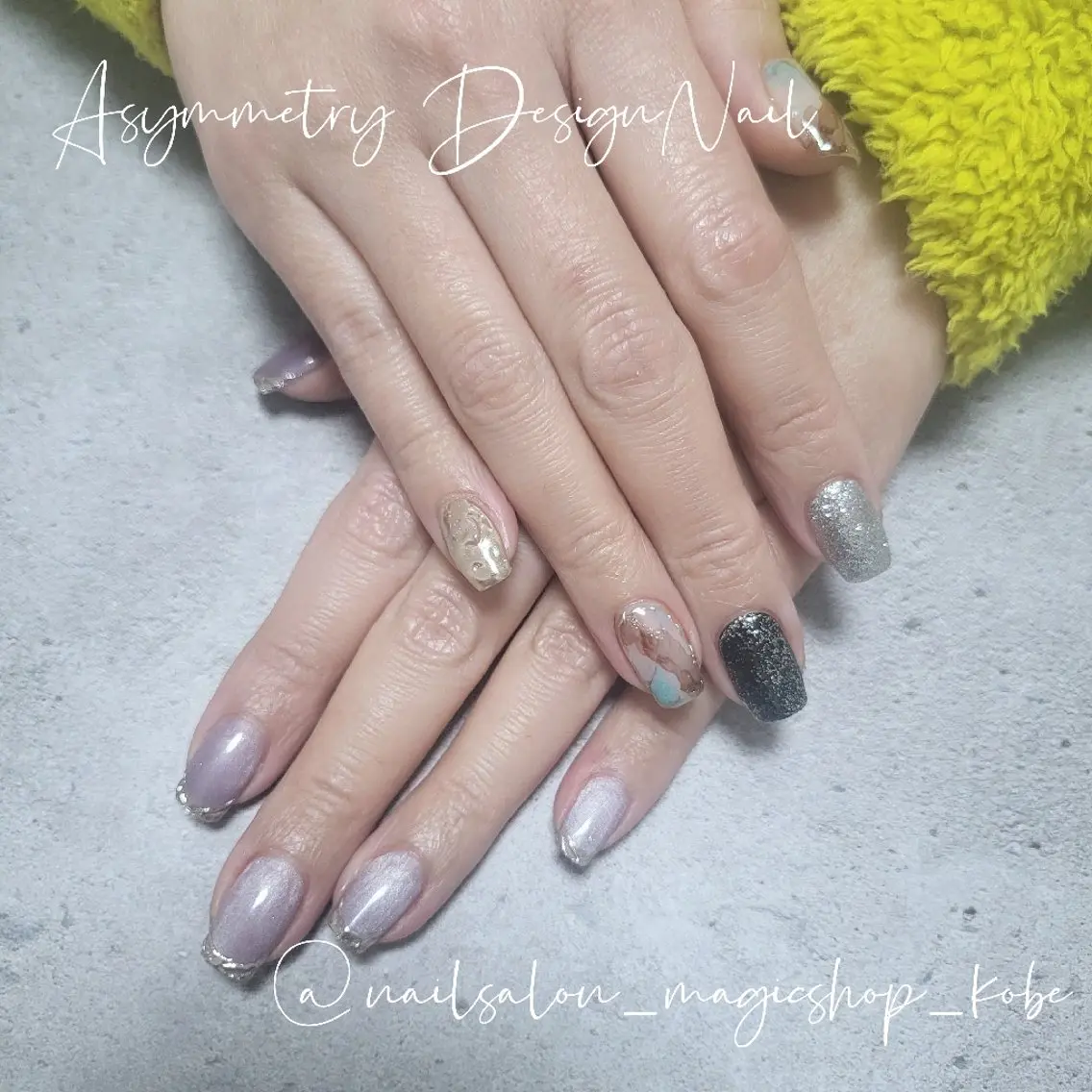 ネイル ジェルネイル マグネットネイル 大理石ネイル(マーブル) ミラーネイル シルバー ハンドネイル Nailsalon MagicShopのネイルデザイン