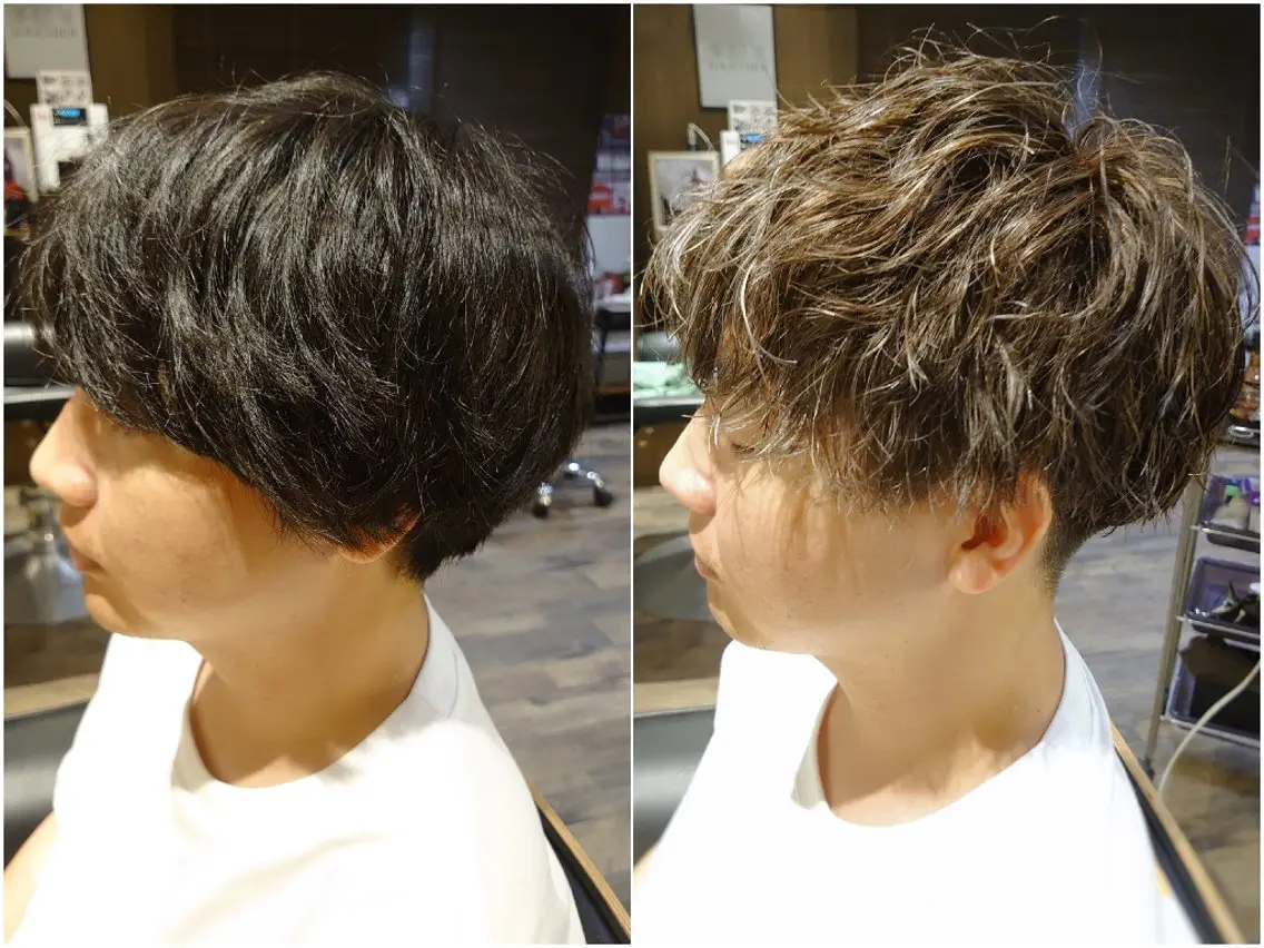 ショート メンズ カラー パーマ メンズハイライト メンズパーマ ハイライトカラー ハイライト スパイラルパーマ カット ヘアカラー 工藤 裕樹のヘアスタイル