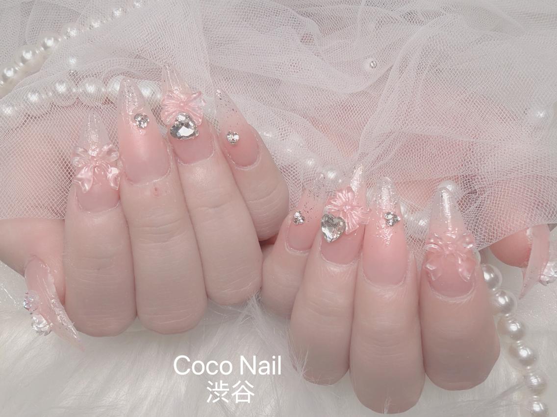 ネイル 成人式 大理石ネイル(マーブル) リボン 夏ネイル ネイルチップ ハンドネイル Min CoCo 長さだし専門店のネイルデザイン