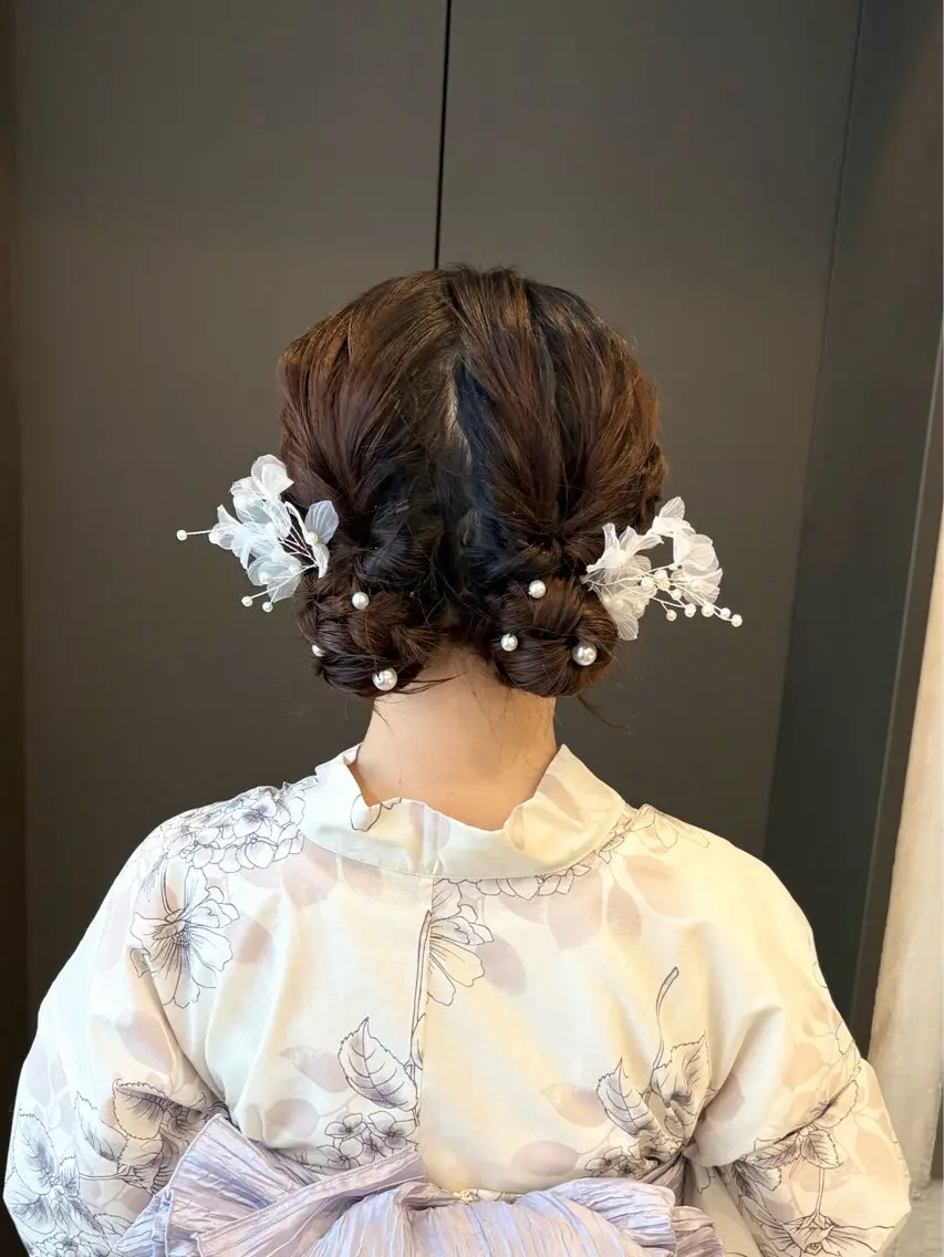 ミディアム ヘアアレンジ お団子ヘア デート 韓国風ヘア 髪飾り 浴衣 ヘアセット 🐈‍⬛🅝🅐🅞 🎀のその他イメージ