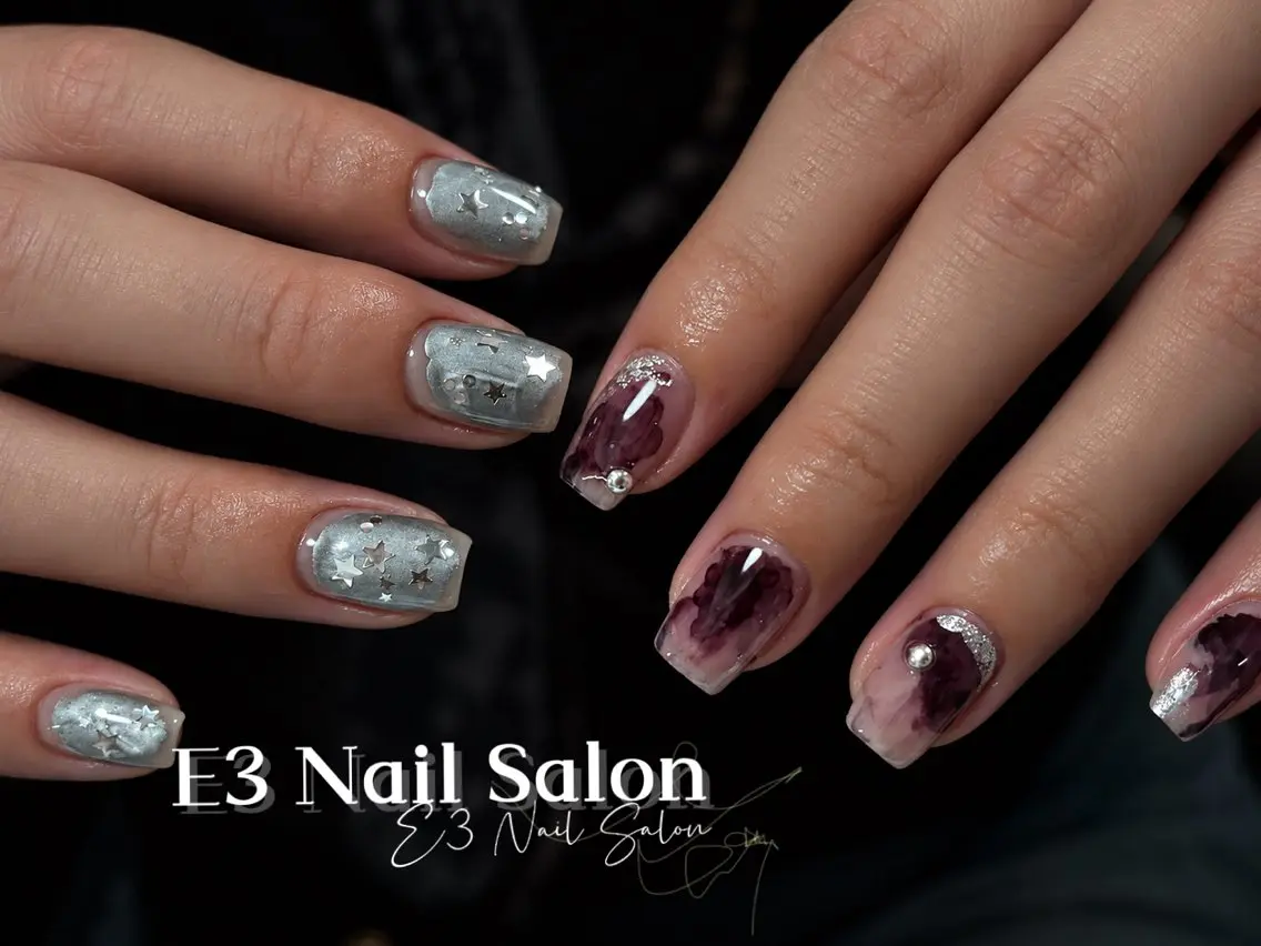ネイル アニマル柄 オーロラネイル べっ甲ネイル ボルドー ブラウン ハンドネイル E3 Nail Salonのネイルデザイン