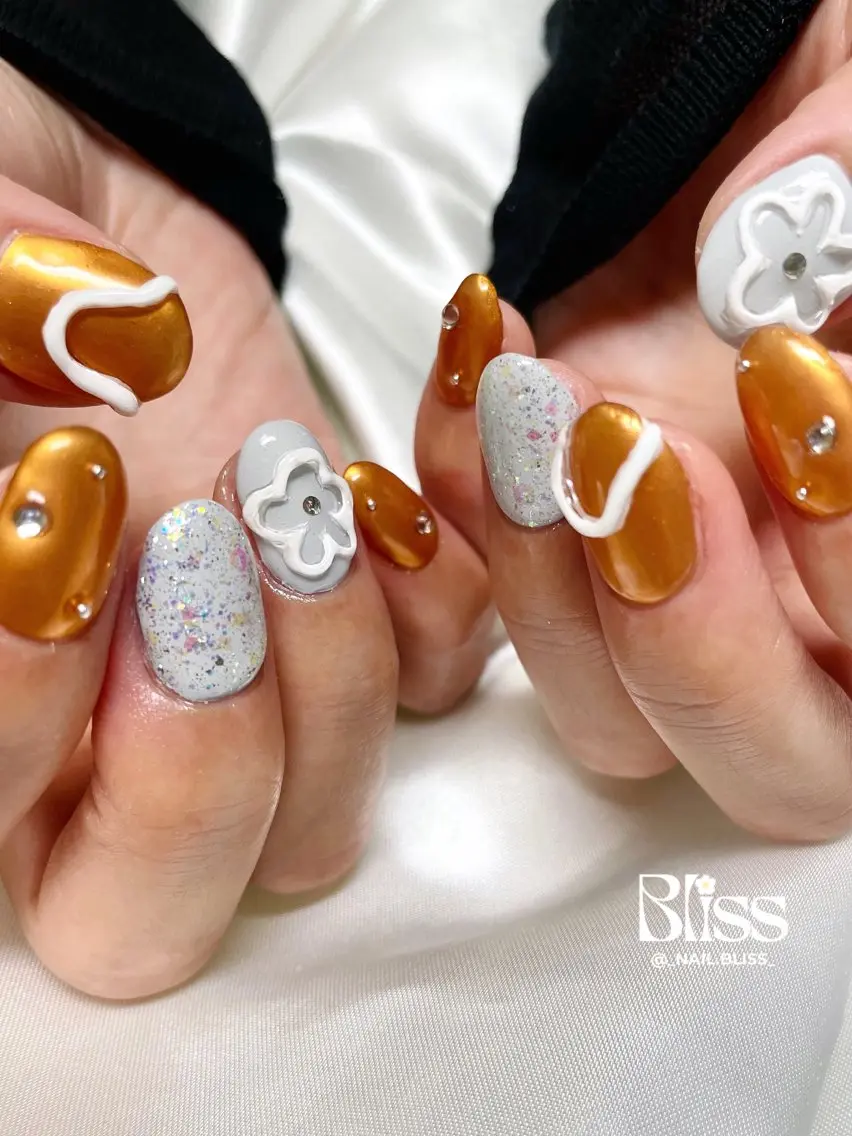 ネイル オレンジ ぷっくりネイル ハンドネイル NAIL BLISSのネイルデザイン