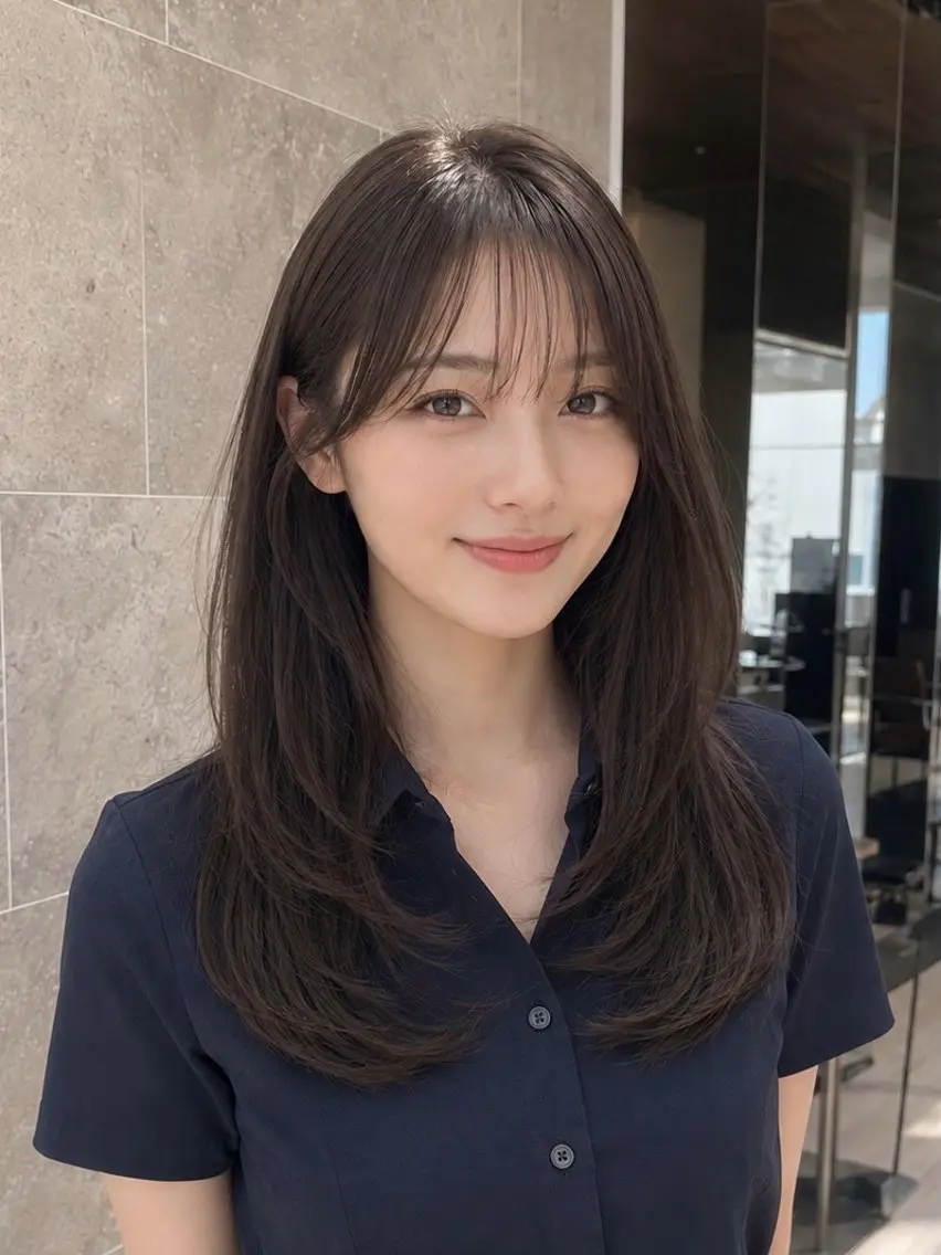 セミロング 顔周りカット かきあげバング 韓国風ヘア レイヤーカット カット ヘアカラー 透明感カラー/韓国レ イヤー/宮下知也のヘアスタイル