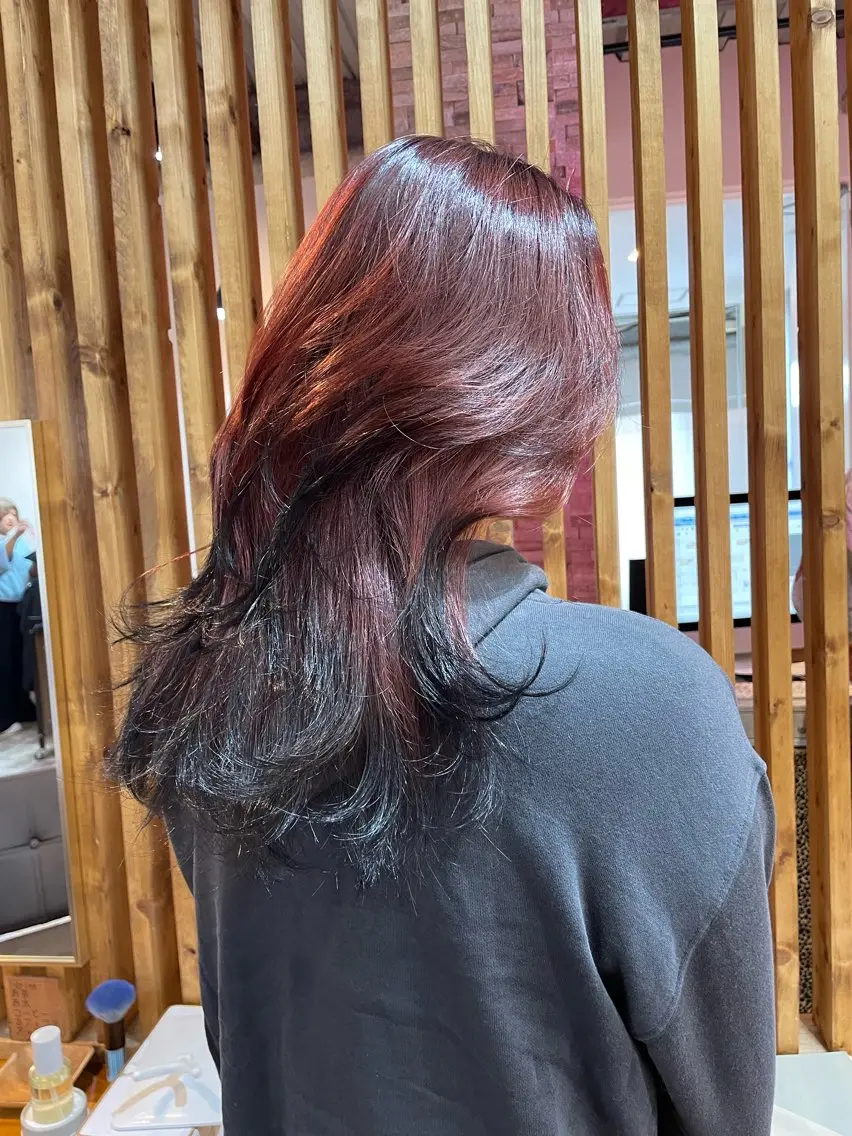 ロング カラー 黒髪 レッドカラー レイヤーカット カット ヘアカラー YUI/ ブリーチカラー🌷のヘアスタイル
