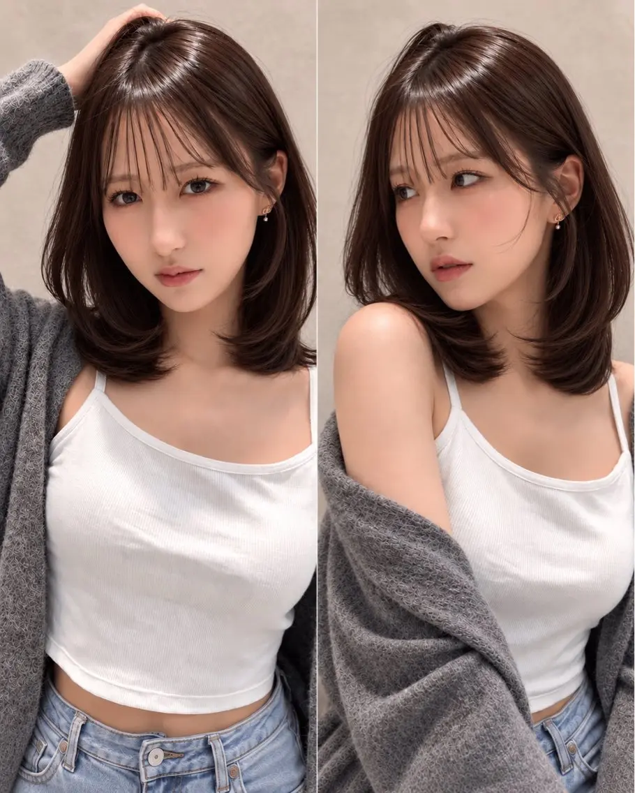 ミディアム カット ヘアカラー トリートメント 韓国レイヤー 田中 励也のヘアスタイル