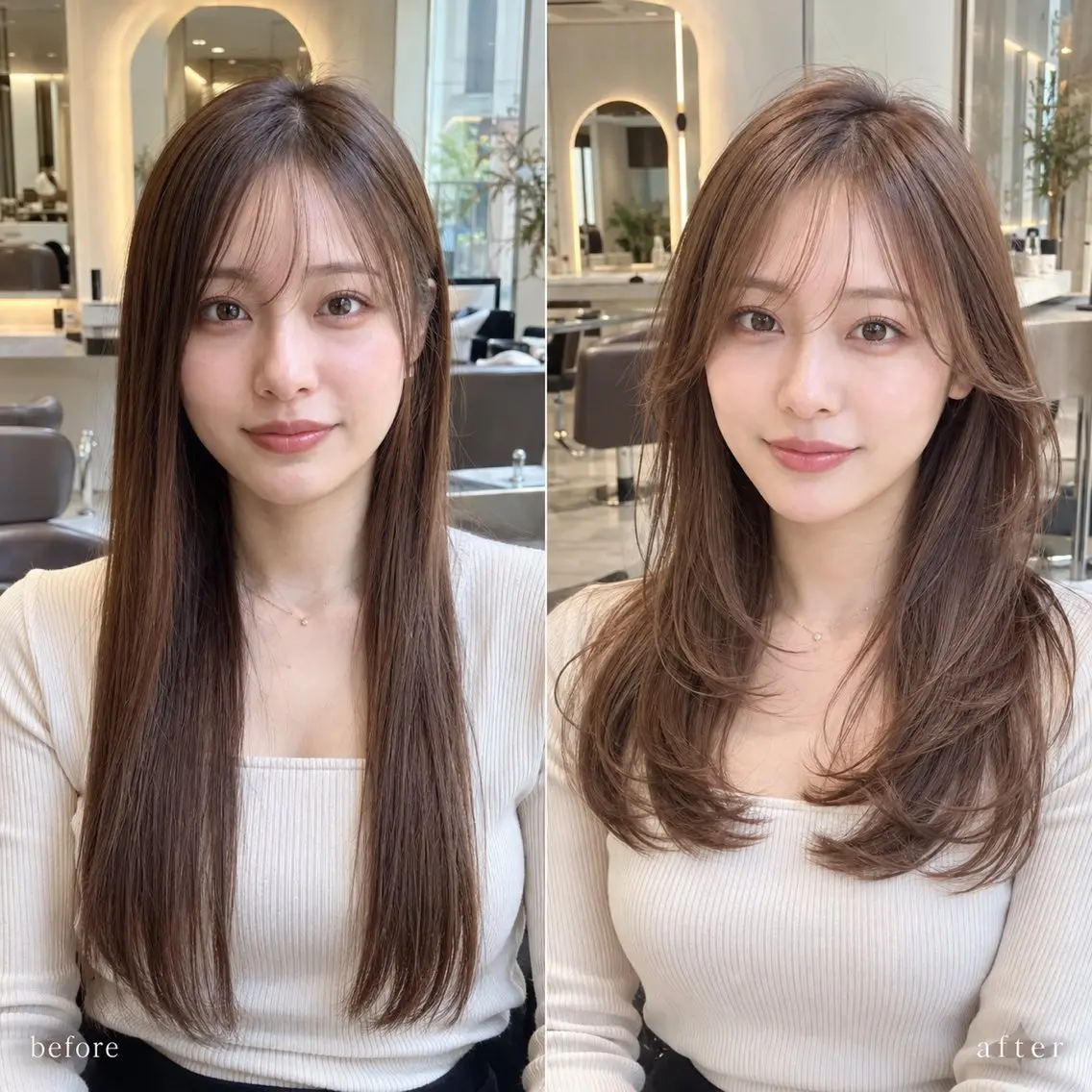 セミロング カラー レイヤーカット 顔周りレイヤー/透明 感カラー/難波雄雅のヘアスタイル