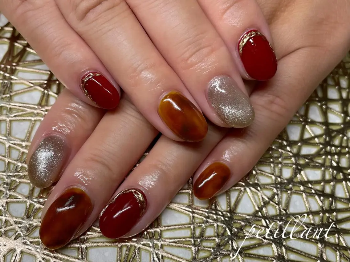 ネイル アートネイル べっ甲ネイル ボルドー ロングネイル ショートネイル nail salon petillantのネイルデザイン