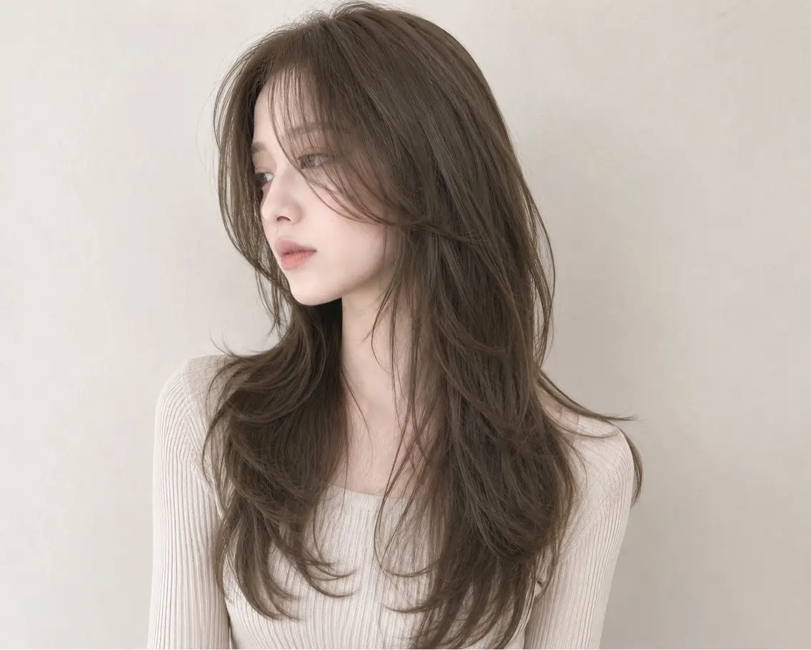 ロング カラー ヘアカラー トリートメント ヘッドスパ ヘアセット 💠透明感グレージュ /韓国風レイヤー💠のヘアスタイル