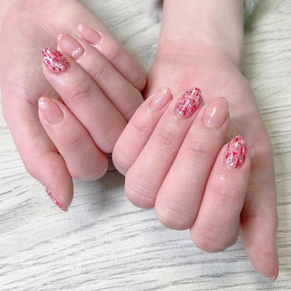 ネイル ピンク ピンクベージュ ツイードネイル Adite nailのネイルデザイン