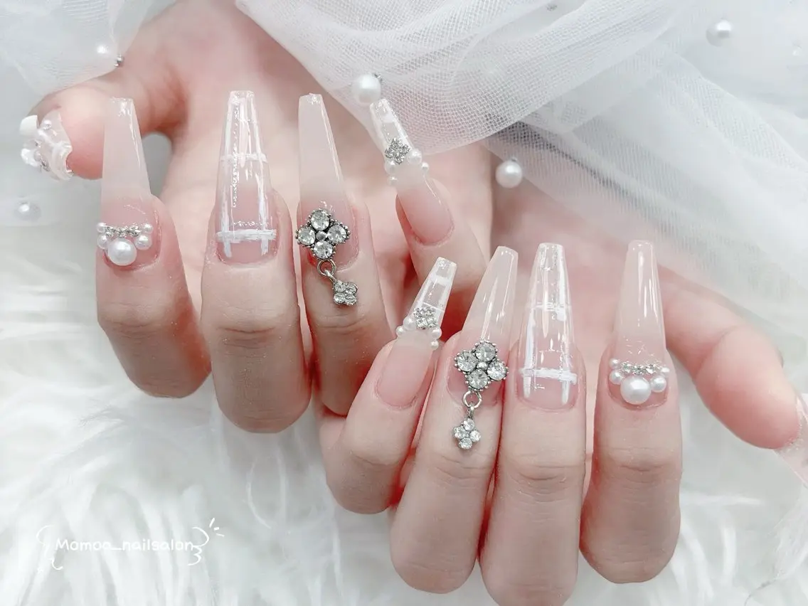 ネイル 成人式 大理石ネイル(マーブル) リボン 夏ネイル ネイルチップ ハンドネイル MoMoA Nail ネイル長さ出し専門店のネイルデザイン