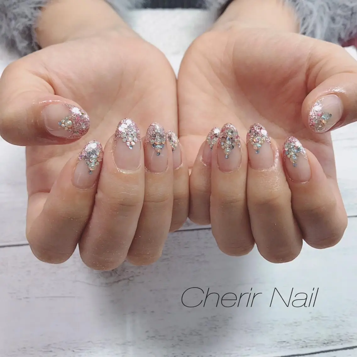 ネイル フレンチネイル キラキラネイル ラメ(グリッター) ロングネイル ピンク Cherirnail kaoriのネイルデザイン