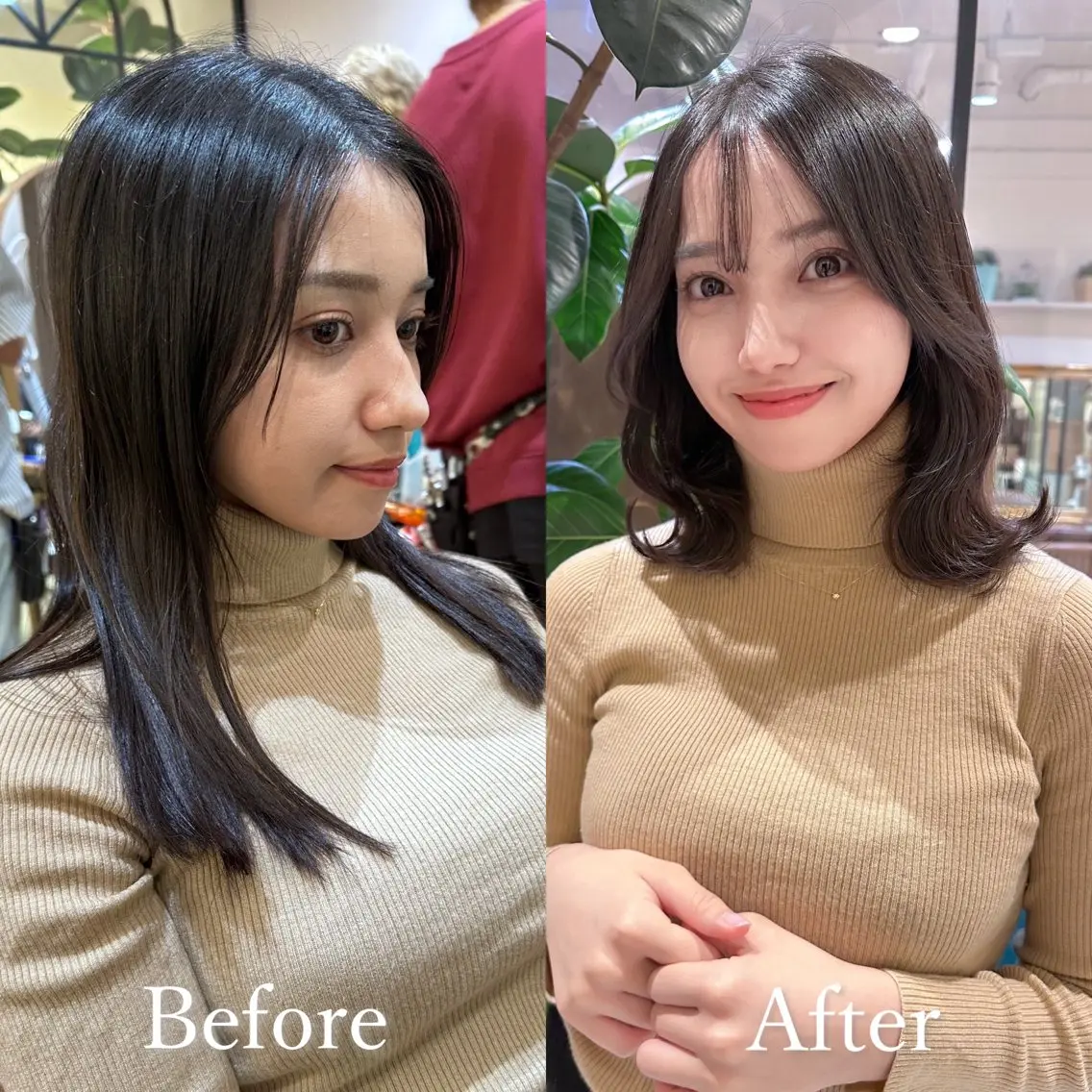 ミディアム カット ヘアカラー トリートメント レイヤー🇰🇷小顔 見せ顔周り💕トモミのヘアスタイル