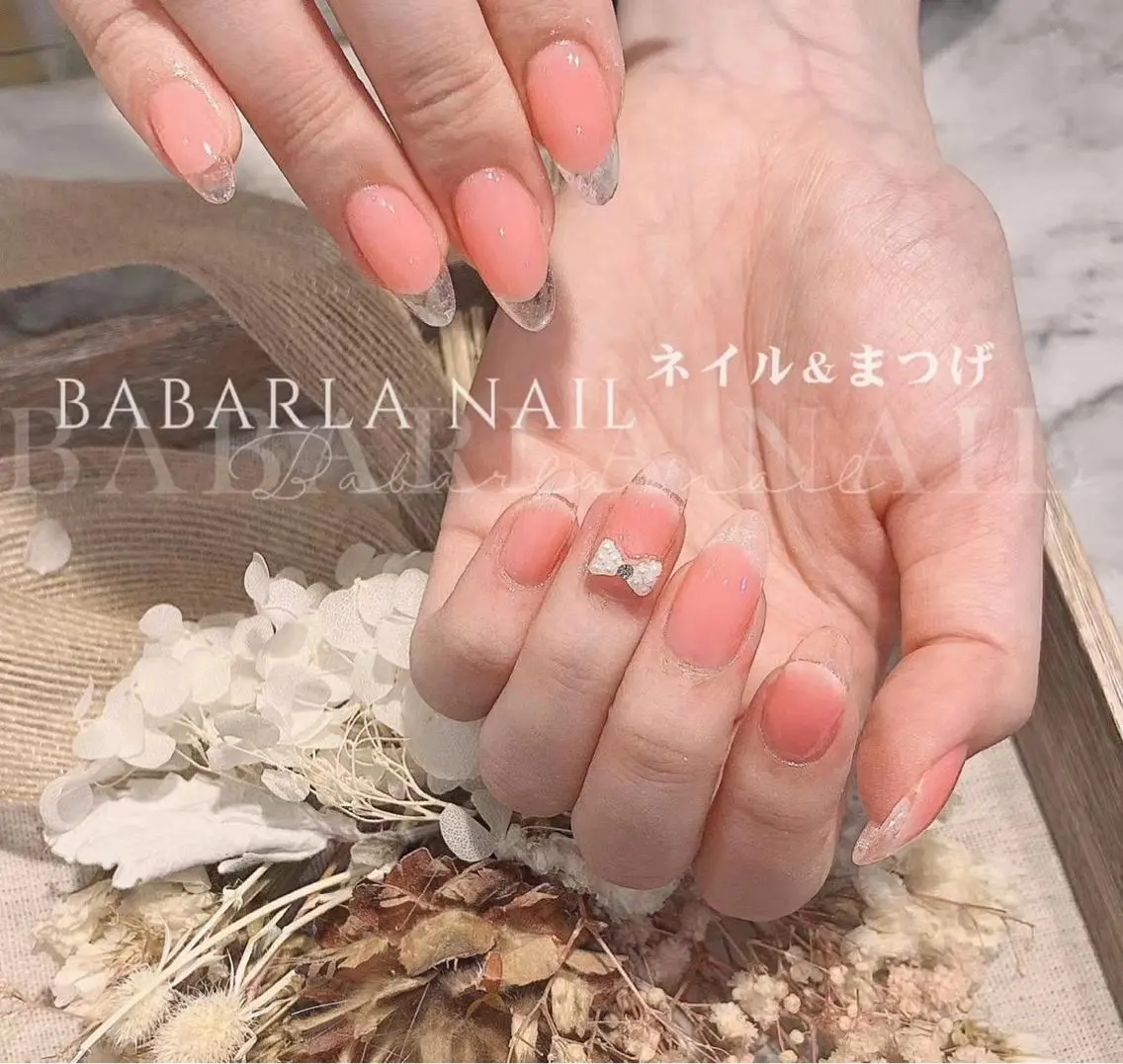 ネイル クリアネイル フレンチネイル ピンク リボン Babarla Nailのネイルデザイン
