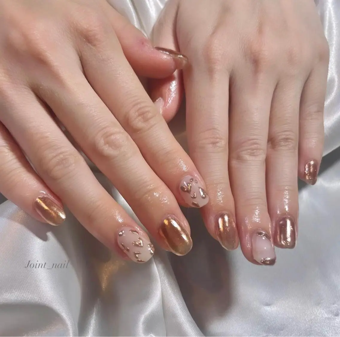 ネイル アートネイル ブラウン ハート ミラーネイル ピンク Joint_ nailのネイルデザイン