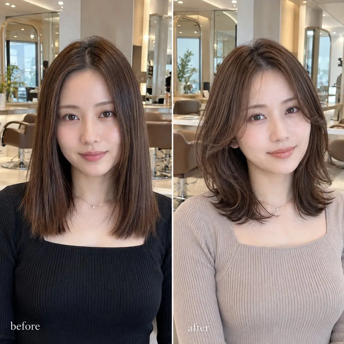 ミディアム カラー レイヤーカット 顔周りレイヤー/透明 感カラー/難波雄雅のヘアスタイル
