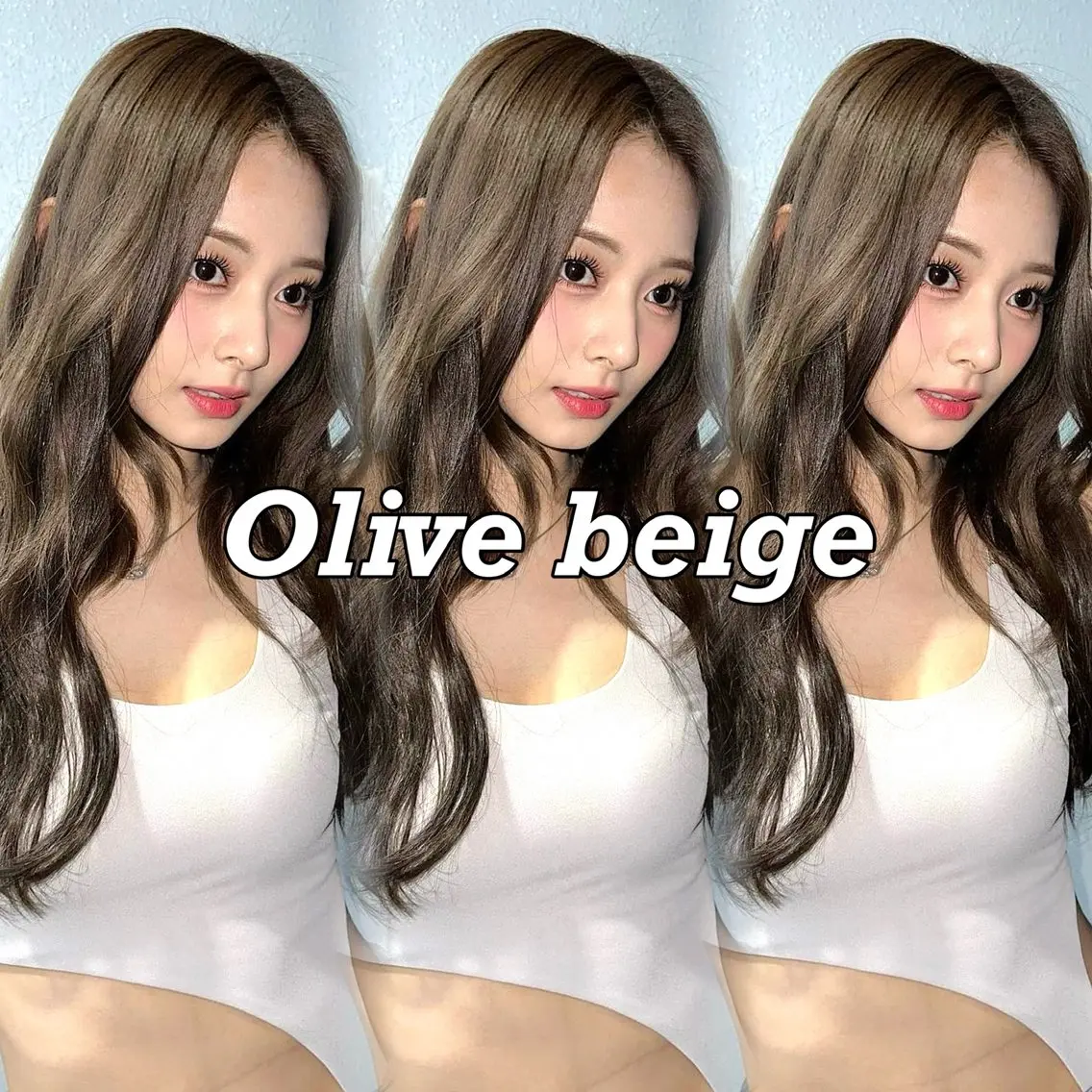 セミロング カラー 韓国🇰🇷レイヤー カットオリーブカラーのヘアスタイル