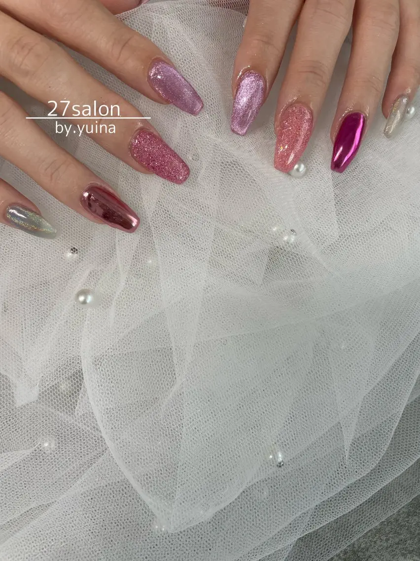 ネイル フラッシュネイル ミラーネイル ピンク ハンドネイル 27salon yuinaのネイルデザイン
