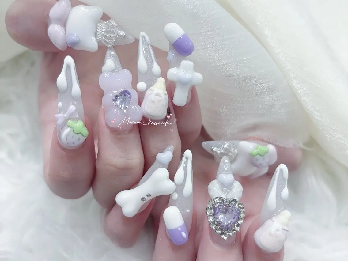 ネイル 成人式 マグネットネイル 大理石ネイル(マーブル) リボン 夏ネイル ハンドネイル MoMoA Nail ネイル長さ出し専門店のネイルデザイン