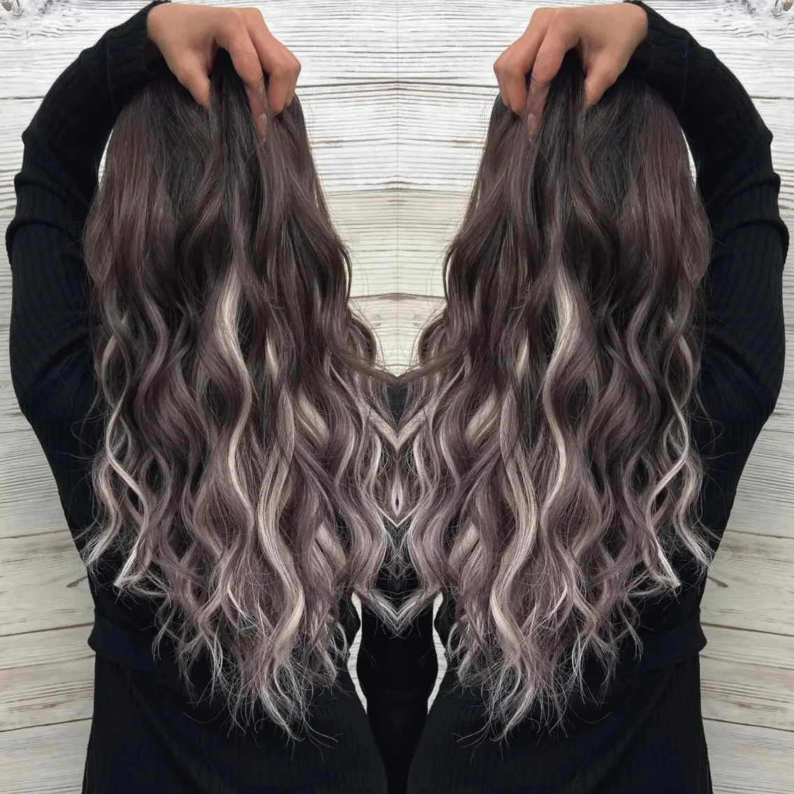 ロング カラー ヘアアレンジ アッシュ ダークグレー ダークグレージュ ディープラベンダー グラデーションカラー ヘアカラー エクステ 枝毛カット&髪質改善 満足NO.1岡しゃんのヘアスタイル