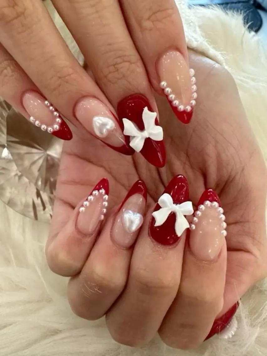 ネイル 長さ出し フレンチネイル 韓国ネイル 赤色 ネイルチップ ハンドネイル Lee Nailsのネイルデザイン