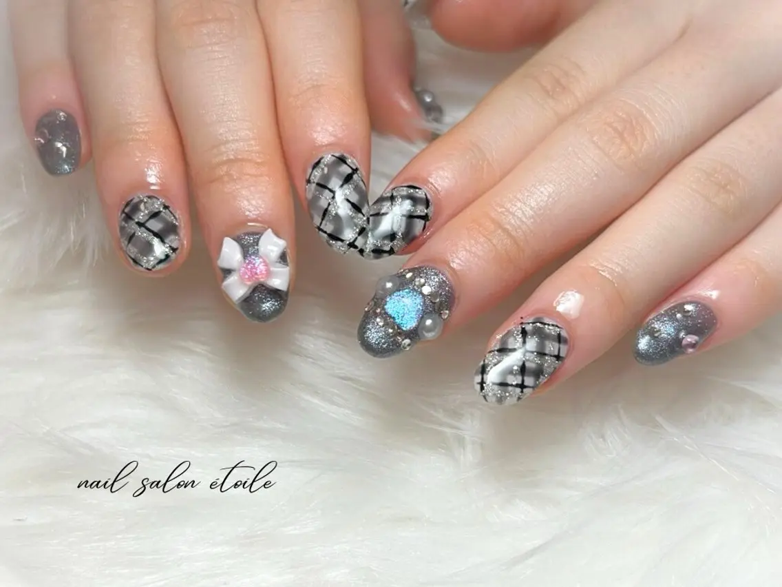 ネイル ハート 持ち込み リボン ハンドネイル nail salon étoileのネイルデザイン