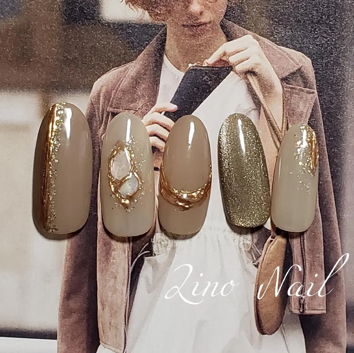 ネイル ブラウン カジュアル ジェルネイル キラキラネイル ラメ(グリッター) Lino Nailのネイルデザイン