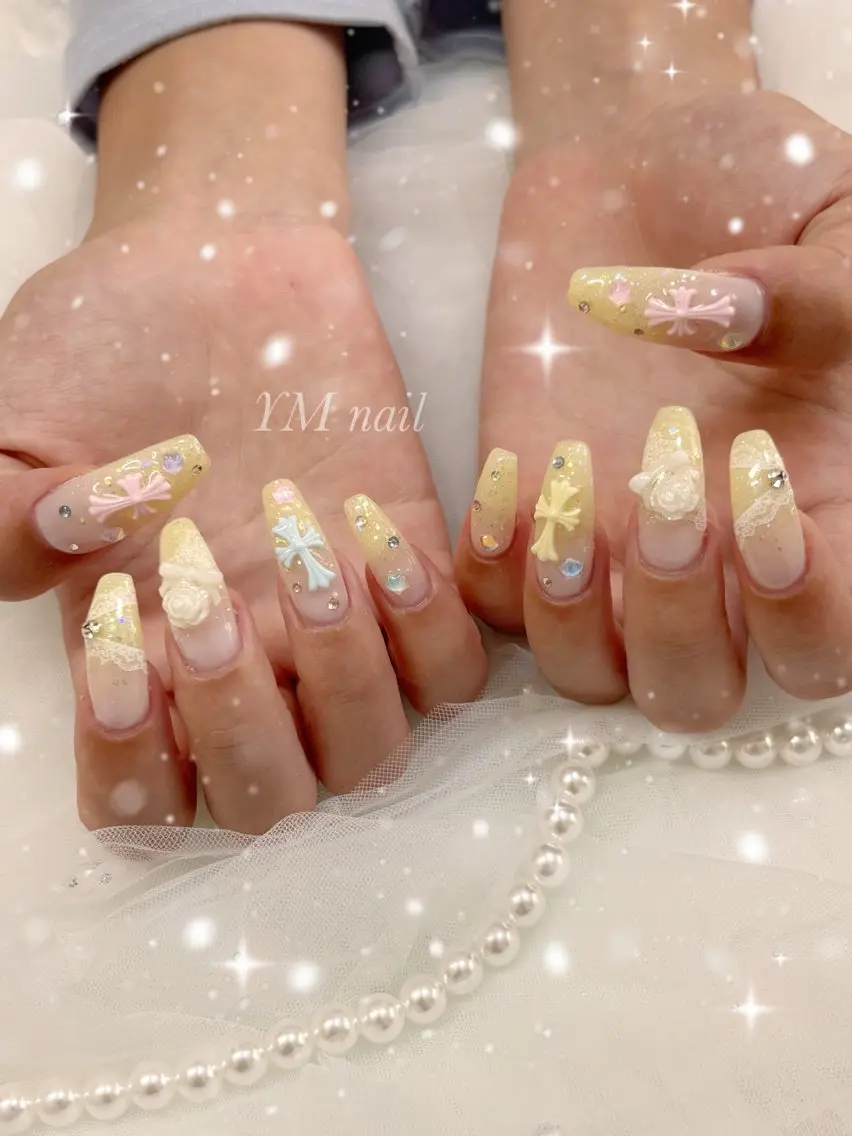 ネイル レース 夏ネイル 黄色 ハンドネイル YM nailのネイルデザイン